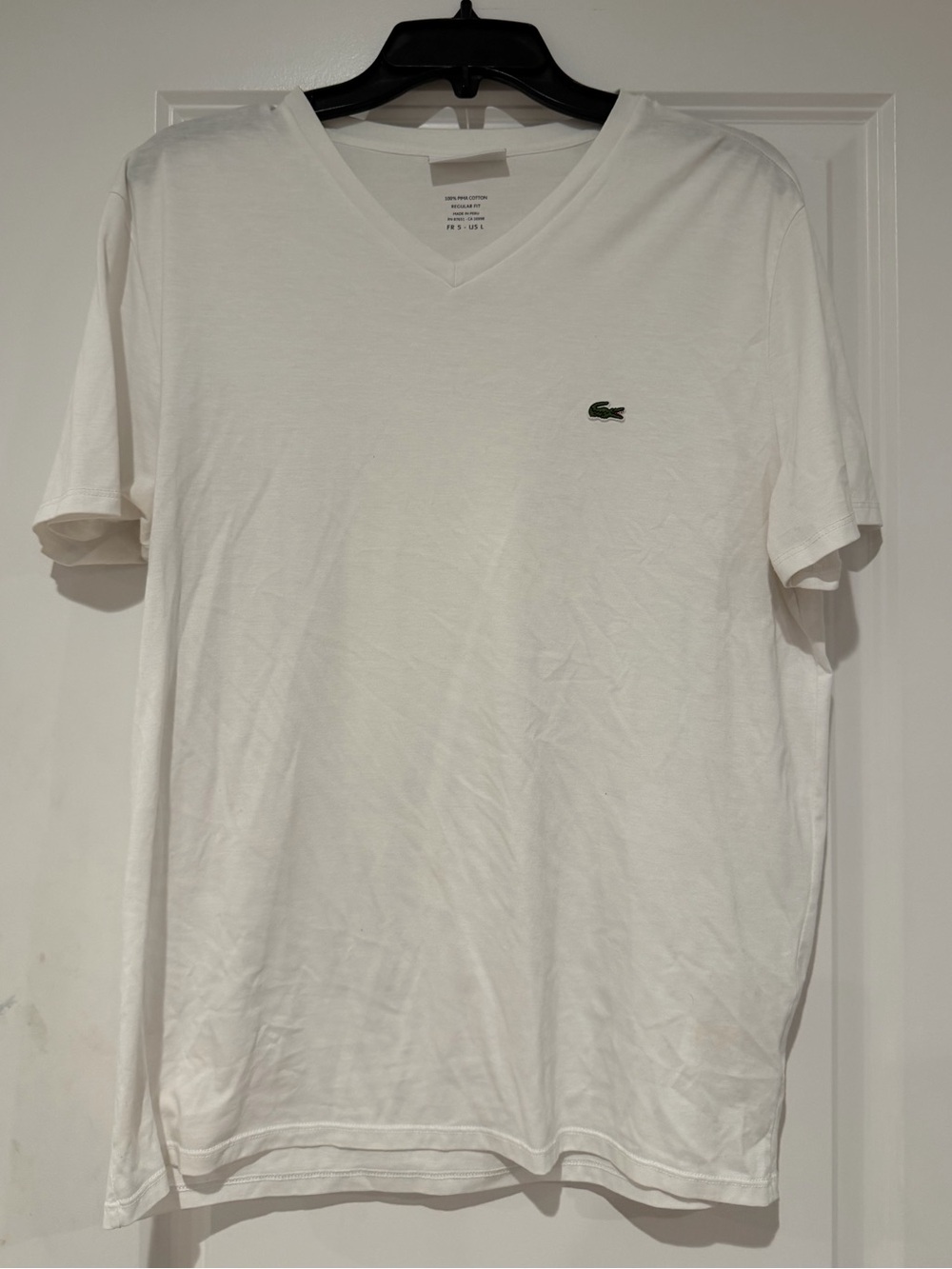 New Lacoste White V-Neck Tee with Green Crocodile Logo size L